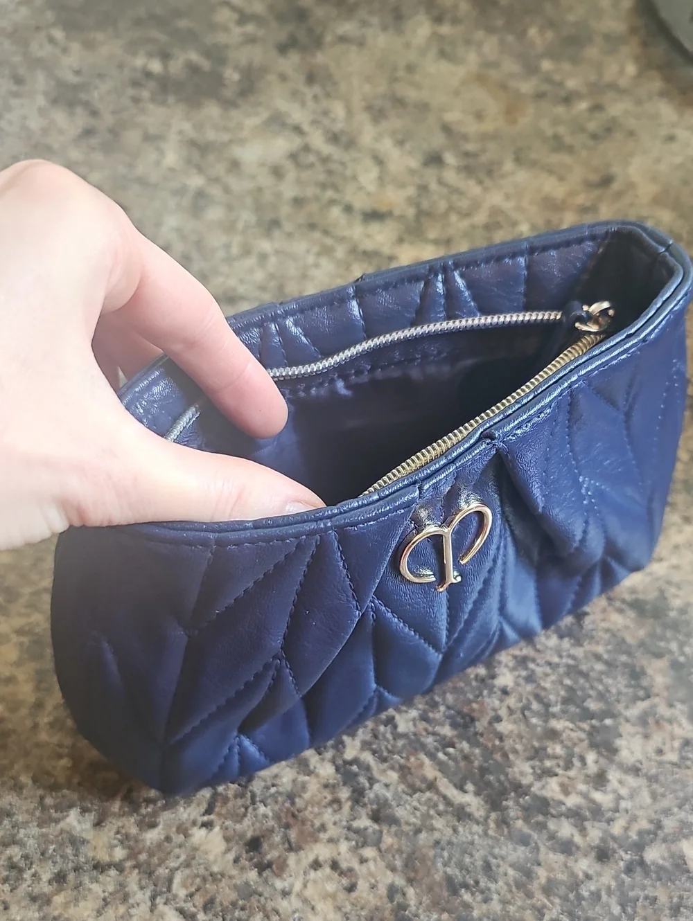 Cle De Peau Quilted Navy Leather Cosmetic Makeup Bag Case with Gold Logo